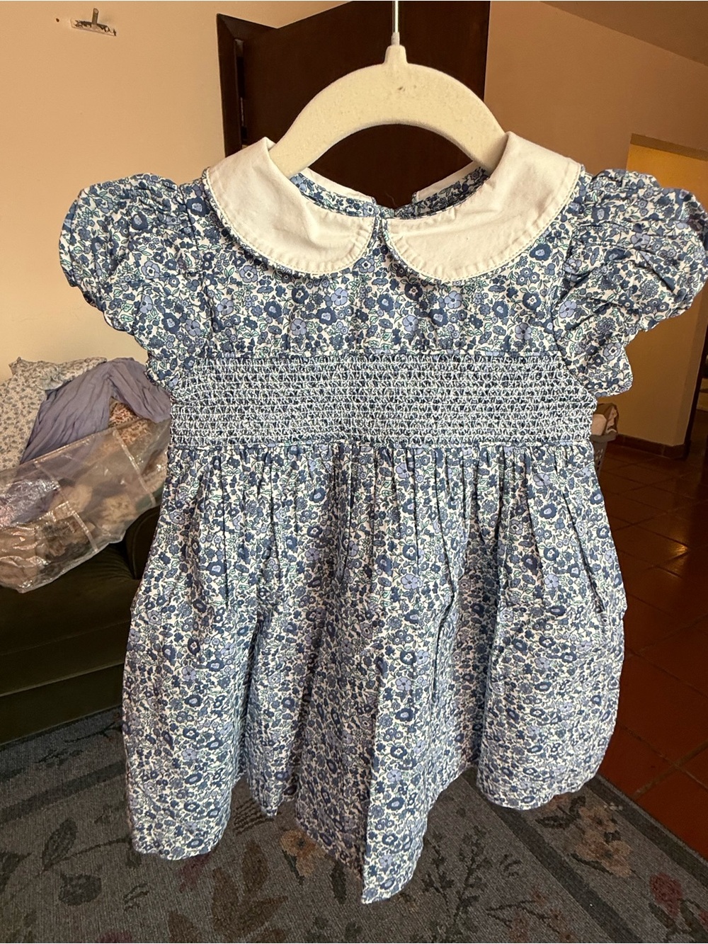 Marks & Spencer Blue and White Floral Smocked Peter Pan Dress